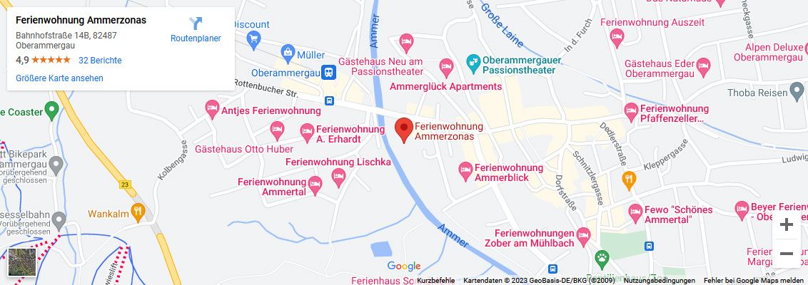 Kartenausschnitt Oberammergau mit Lage der Ferienwohnung Ammerzonas